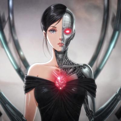 The primary subject of the image is a woman with a heart-shaped red jewel in her chest. She is wearing a black dress and has a mechanical heart. The setting is a futuristic environment, with the woman standing in front of a backdrop featuring a mechanical heart. The visual style is a combination of digital art and illustration, creating a unique and intriguing image. The dominant colors are black and red, with the red jewel adding a pop of color to the scene. The overall atmosphere is one of mystery and intrigue, as the woman's mechanical heart and futuristic setting evoke a sense of wonder and curiosity.